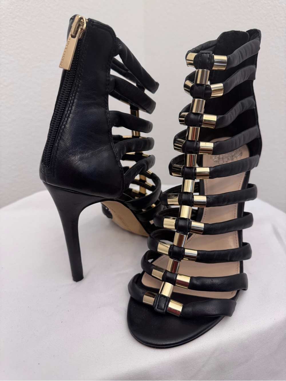 Vince Camuto Black Strappy High Heels with Gold Hardware